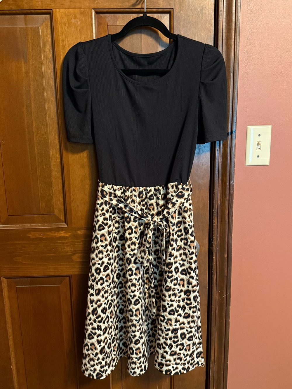 Amazon Essentials Black Top with Leopard-Print Midi Skirt Dress